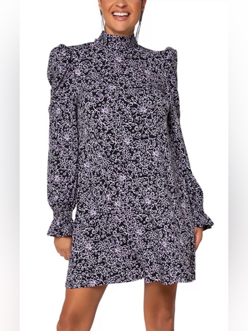 Leota Mock Turtleneck Black and White Floral Print Dress 1X